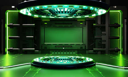 Sci-fi product podium showcase in spaceship with green light background. Space technology and object concept. 3D illustration renderingの写真素材