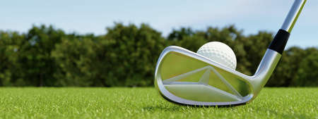 Golf ball on tee and golf club with fairway green background. Sport and athletic concept. Banner for...