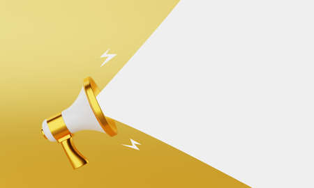 Gold and white megaphone announcing white empty blank space message balloon on gold background. Business and marketing concept. 3D illustration renderingの写真素材