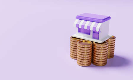 Supermarket store on stacking golden coins on purple background. Financial and economic concept. 3D...