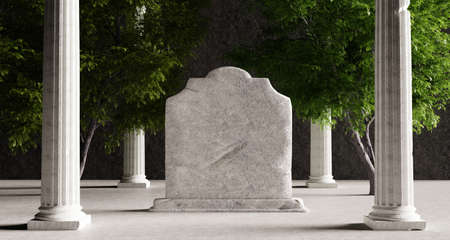 Realistic mockup of gravestone headstone tombstone with Corinthian columns and trees background....