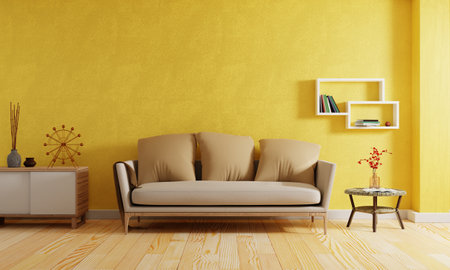 Modern living room in yellow tone color style background. Interior and architecture concept. 3D illustration renderingの写真素材