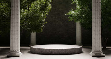 Round stone platform with Corinthian pillars and natural trees with shadow background. Historical...