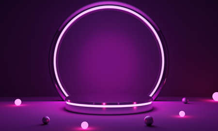 Cyberpunk pink empty podium with glowing lamp in the dark for product presentation. Technology and Sci-fi concept. 3D illustration renderingの写真素材