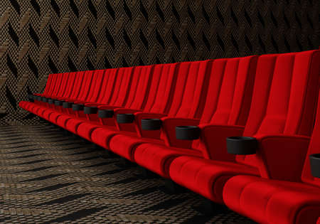 Rows of red velvet seats watching movies in the cinema with copy space banner background. Entertainment and Theater concept. 3D illustration renderingの写真素材