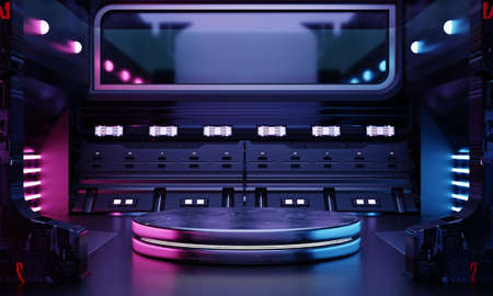 Cyberpunk sci-fi product podium showcase in empty spaceship room with blue and pink background. Cosmos space technology and entertainment object concept. 3D illustration renderingの写真素材