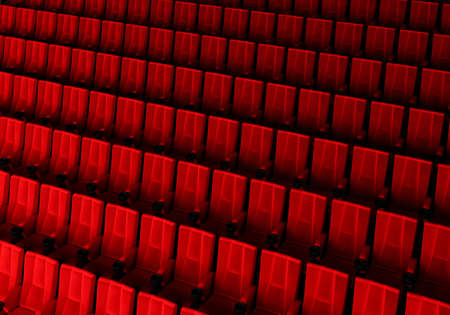 Rows of red velvet seats watching movies in the cinema with copy space banner background. Entertainment and Theater concept. 3D illustration renderingの写真素材