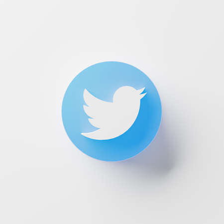 Chonburi, Thailand - Apr 15, 2021: A close up Twitter logo icon on isolated white background. Twitter is largest social media mobile app in the world, shallow depth of field. 3D illustration renderingのeditorial素材