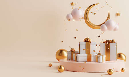 Minimal product podium with present gift boxes in Ramadan or Eid Mubarak Islamic traditional culture style on coral color background. Holiday and Arabian festival concept. 3D illustration renderingの写真素材