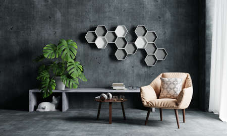 Living room with armchair sofa and Monstera plant and hexagonal book shelf on loft wall background. Interior and architecture concept. 3D illustration renderingの写真素材