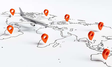 Plane flies above white paper map of the world travel with red location pins point background. Travel and wanderlust concept. 3D illustration renderingの写真素材