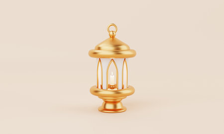 Golden Islamic style lantern for Ramadan Kareem day on coral color background. Eid Mubarak and holy religion concept. 3D illustration renderingの写真素材