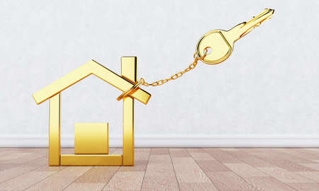 Gold key chain with golden modern house shape key holder on wooden floor and white wall background. Business construction and architecture concept. 3D illustration renderingの写真素材