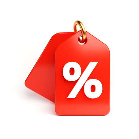 Red price tag with percent symbol for sale marketing on white background. Business e-commerce and online shopping concept. 3D illustration renderingの写真素材