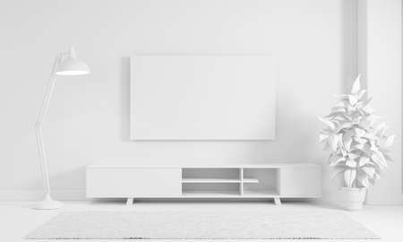Modern living room in plain monochrome white color tone style background. Interior and architecture concept. 3D illustration renderingの写真素材