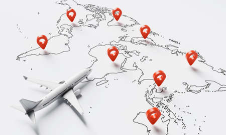 Plane flies above white paper map of the world travel with red location pins point background. Travel and wanderlust concept. 3D illustration renderingの写真素材