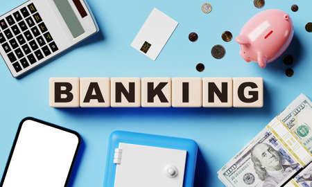 Banking wooden word block cubes with medical equipment on blue paper background. Business banking and E-commerce concept. 3D illustration renderingの写真素材