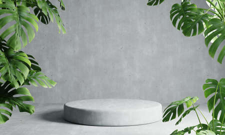 One round podium in grey loft color background with Monstera plant foreground. Abstract wallpaper template element and architecture interior object concept.3D illustration renderingの写真素材