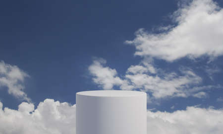 White cylinder product podium with fluffy cloud background and copy space. Abstract and minimalism concept. 3D illustration rendering graphic designの写真素材