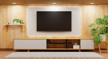 TV above wooden cabinet in modern empty room with plants carpet and downlight lamp on wooden background. Japanese style theme. Architecture and interior concept. 3D illustration renderingの写真素材