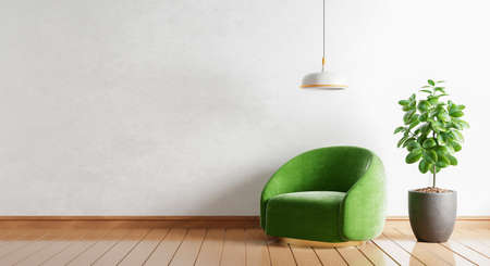 Green armchair with empty wall plants and lamp in modern room on wooden background. Copy space. Architecture and interior concept. 3D illustration renderingの写真素材
