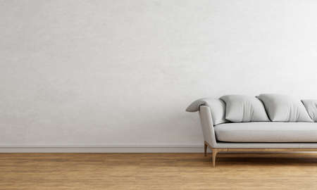 White empty wall with gray sofa made from wood and fabric textile. Interior and architecture background concept. 3D illustration renderingの写真素材