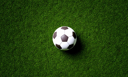 Soccer field center and ball in top view background. Sport and athletic concept. 3D illustration renderingの写真素材