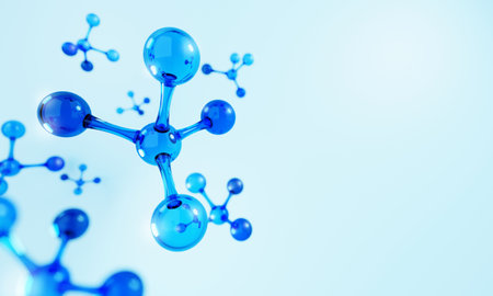 Closeup of blue molecule atoms structures on blue liquid serum background. Cosmetics skincare or human skin treatment and solution. 3d illustration renderingの写真素材