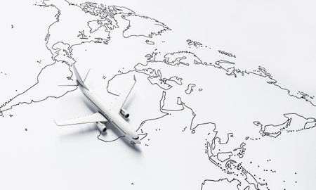Plane flies above white paper map of the world travel background. Travel and wanderlust concept. 3D illustration renderingの写真素材