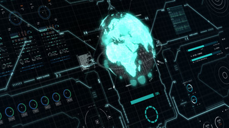Green blue earth user interface head up display with HUD element and white grid on black background. Business technology and science concept. 3D illustration renderingの写真素材