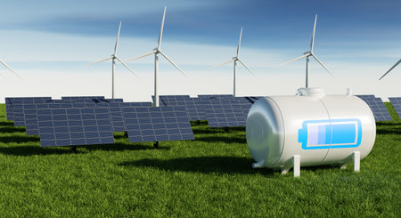 Battery charger solar energy power plant farm. Ecology technology and power savings concept. Alternative energy theme. 3D illustration renderingの写真素材