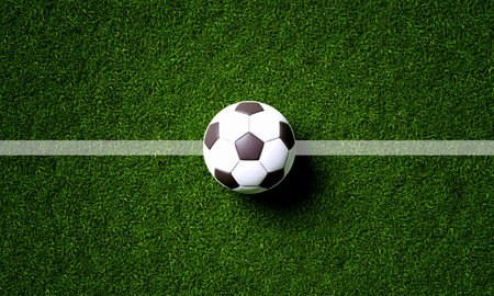 Soccer field center and ball in top view background. Sport and athletic concept. 3D illustration renderingの写真素材