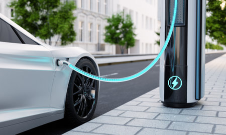 High-speed charging station for electric vehicles on city streets with blue energy battery charging. Fuel power and transportation industry concept. 3D illustration renderingの写真素材