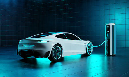 Futuristic electric car is connected to the EV charging station in the underground parking of the business center showroom. Technology and alternative energy concept. 3D illustration renderingの写真素材