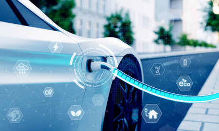 High-speed charging station for electric vehicles on city streets with blue energy battery charging. Fuel power and transportation industry concept. 3D illustration renderingの写真素材