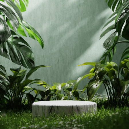 White marble product display podium in green room with grass flowers and sunshine background. Product presentation theme. Nature and Organic cosmetic and food concept. 3D illustration renderingの写真素材