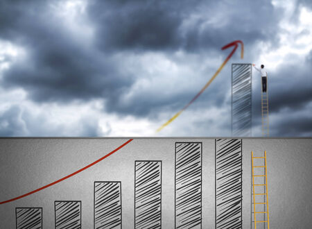 Businessman climbing ladder drawing growth chart on cloud, success in business conceptの写真素材