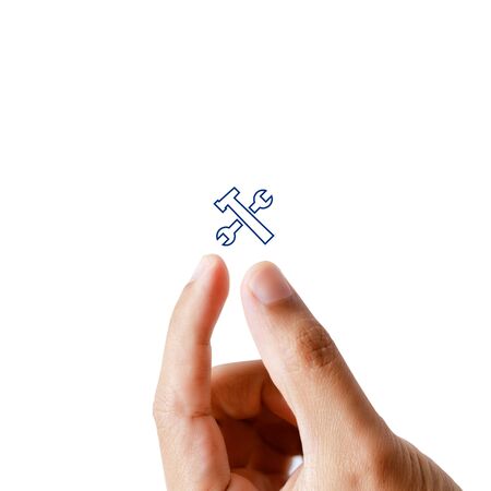 man hand present hammer and wrench icon, tool equipmentの写真素材