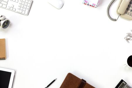 top view work space with tablet and computerの写真素材