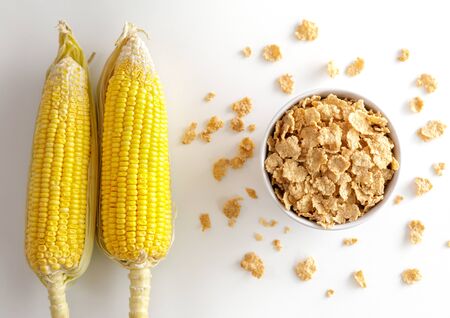 Healthy Corn Flakes with milk for Breakfast on tableの写真素材