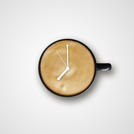 coffee in black mug with alarm clock signの写真素材