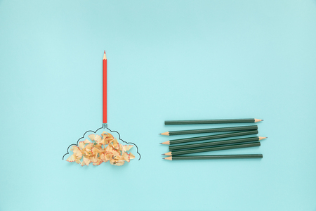 Pencil and pencil sharpener trash with jet engine, stationaryの写真素材