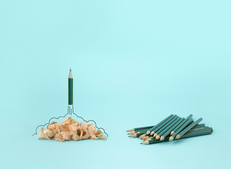 Pencil and pencil sharpener trash with jet engine, stationaryの写真素材