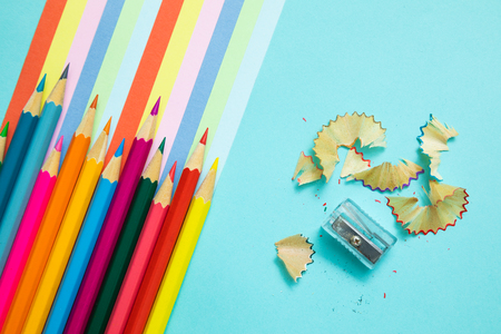 Colored pencils, trash and rainbow colorful stripes, stationaryの写真素材