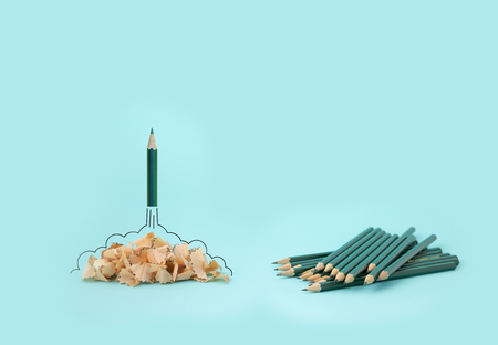 Pencil and pencil sharpener trash with jet engine, stationaryの写真素材