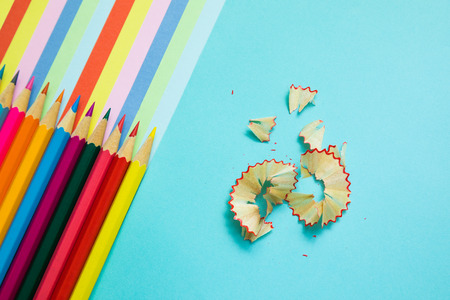 Colored pencils, trash and rainbow colorful stripes, stationaryの写真素材