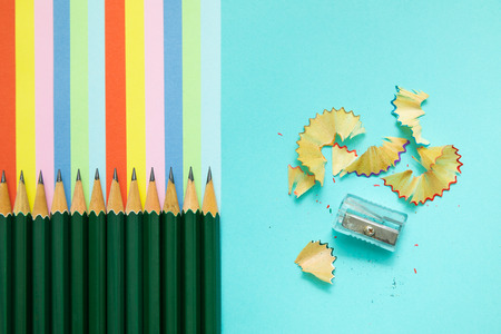 Colored pencils, trash and rainbow colorful stripes, stationaryの写真素材