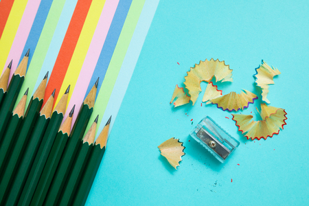 Colored pencils, trash and rainbow colorful stripes, stationaryの写真素材