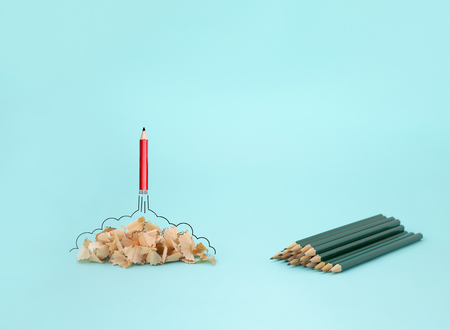 Pencil and pencil sharpener trash with jet engine, stationaryの写真素材