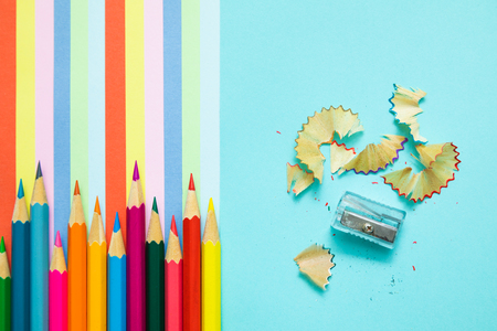 Colored pencils, trash and rainbow colorful stripes, stationaryの写真素材